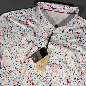 Obla Performance Golf Polo Shirt Paint Splat Red/White/Blue AOP NWT Mens X-Large